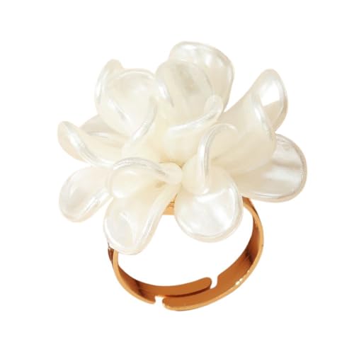White Pearl Flower Statement Ring for Women Camellia Rose Flowers Adjustable Open Bands Wedding Promise Finger Rings Fashion Exaggerated Comfort Fit Jewelry Gifts Birthday