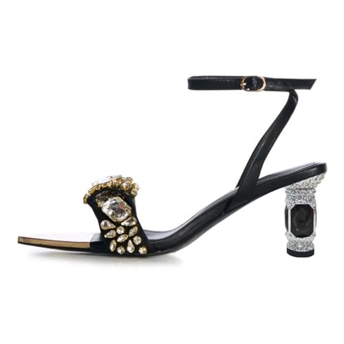 FSJ Women Pointed Open Toe Jewelry Strappy Sandals Ankle Strap Mid Heels Rhinestone Crystal Chunky Block Heel Summer Wedding Shoes Size 4-16 US2
