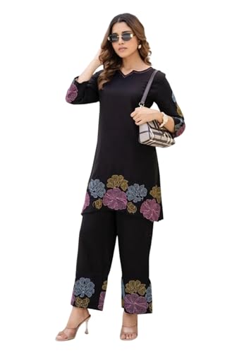 Image of Asmeriyo Women Embroidered Co Ord Set with Side Pocket | Women 2 Pic Kurta Set I Fancy Kurta Set | Stylish Kurti Outfit | Co-Ordination Wear | Festive and Casual wear (210-A-B-19-02)