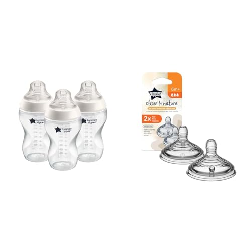 Image of Tommee Tippee Closer to Nature Added Cereal Baby Bottle, Y-Cut Bottle Nipple, BPA-Free (11oz, 3 Count) & Closer to Nature Baby Bottle Nipples, Breast-Like, Anti-Colic Valve, Soft Silicone
