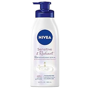 NIVEA Sensitive and Radiant Body Lotion for Sensitive Skin, Hypoallergenic, Fragrance Free Body Lotion for Women with Deep Nourishing Serum, Pearl Extract and Provitamin B5, 16.9 Fl Oz Bottle