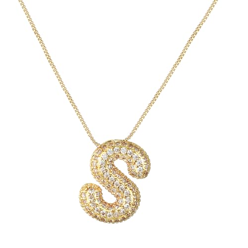RWQIAN Bubble Initiales Lettre Chaîne Or Femmes Ballon Bling Zircone Lettre Pendentif Alphabet S Collier Femmes Bijoux Cadeau