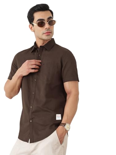 Image of Thomas Scott Men's | Solid | Half Sleeve | Slim Fit | Linen Blend | Spread Collar | Casual Shirt