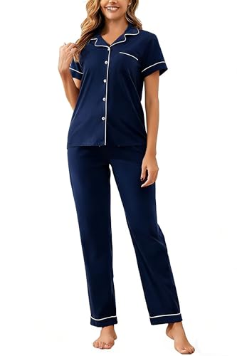 Image of 100% Cotton Pajama Sets for Women 2 Piece Long Sleeve Button Down Pjs Soft Comfy Ladies Sleepwear Lounge Sets S-XL