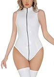 Ausing Women Leather Bodysuit Sleeveless Catsuit Faux Patent Wet Look Zipper Sexy PU Teddy Leotard Club Party - White - L