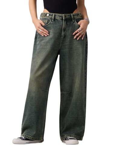 Image of The Souled Store: Barrel-Fit Denim: Women and Girls Washed Cotton Twill Barrel Fit Lightweight Adjustable Rise Everyday Casual Denim Jeans