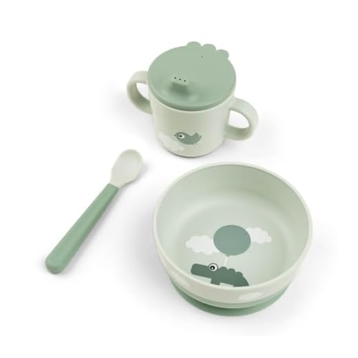 Done by Deer Foodie first meal Geschirrset Happy clouds Grün - Praktische kindergeschirr - baby löffel, Schüssel mit saugnapf und Trinkbecher, 100% PP in Lebensmittelqualität mit rutschfestem TPE