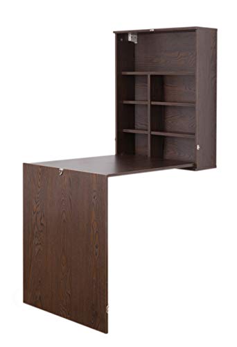 Image of Basicwise Wall Mount Laptop Fold-Out Desk with Shelves, Brown,