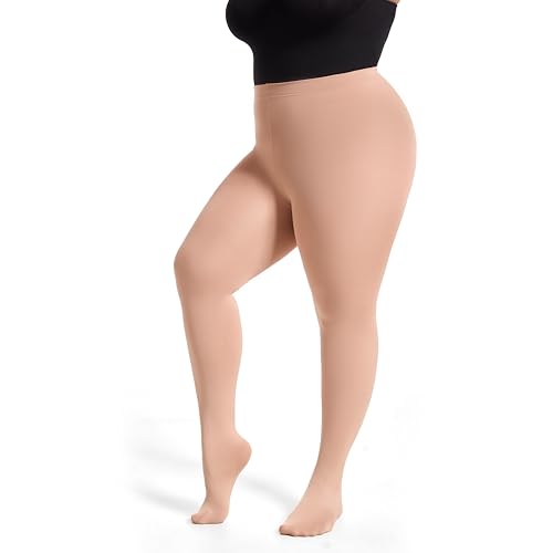 Frola Plus Size Fleece Lined Tights Women Winter Warm Thermal Tights 11+ Colors High Waisted Opaque Pantyhose4XL-6XL Tan