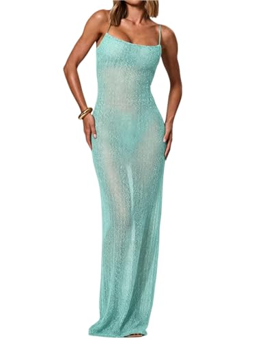 OYOANGLE Womens Crochet Cover Ups See Through Sparkly Sleeveless Mesh Cami Dress Coverup Beach Maxi Dresses Blue Large