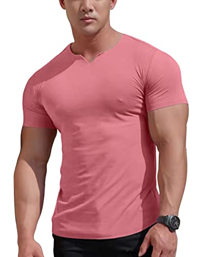 Camisetas atléticas de la Malla de los Hombres con el Cuello en V Partido para el Levantamiento de Pesas del Entrenamiento del Gimnasio Color Pink Size S