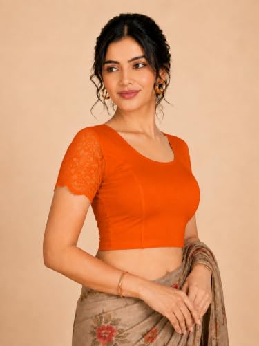 Image of Abhi Cotton Readymade Saree Blouse for Women- Half Net Sleeves, Round Neck, Regular-fit, Stretchable, Pull-on Style Blouse