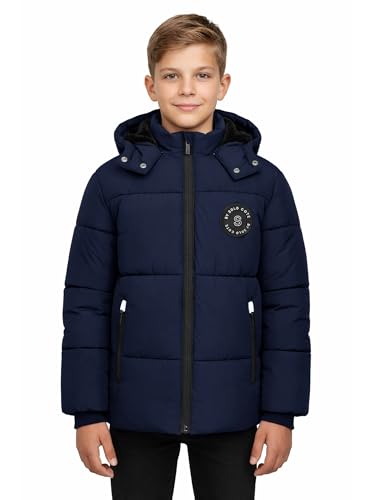 SOLOCOTE Abrigo de invierno para niños varones con forro de fleece pesado resistente al agua y al viento con capucha Parka para niños Armada 12 años