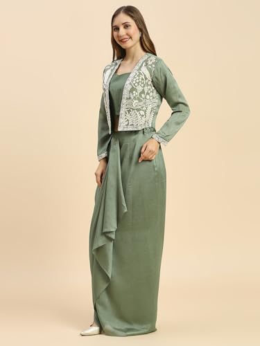 Image of madhuram women'S Vichitra Silk Dhoti Skirt And Choli With Short Coti Set For Solid With Heavy Embroidery Work Set(M-2459)