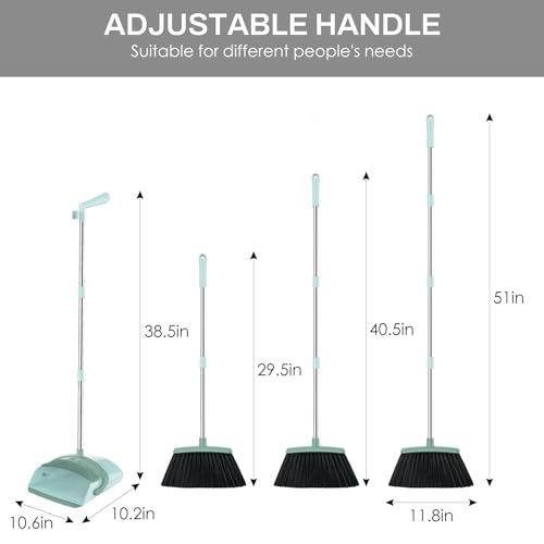 Image of Broom and Dustpan Set for Home, 51-in Long Adjustable Handle Angle Broom and Dustpan Combo Set with Dust Pan Teeth to Clean Hair for Home Kitchen Office Lobby Floor Garden, Green