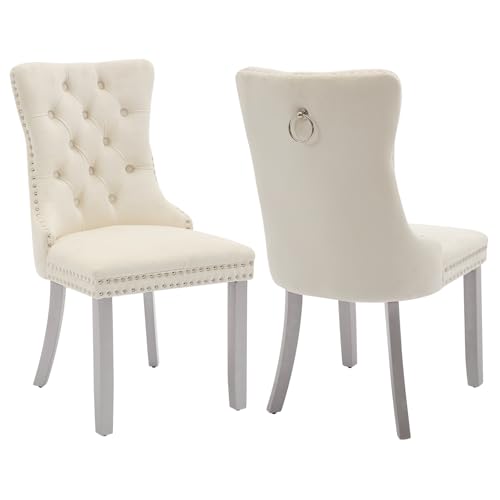 Shenyon Velvet Dining Chairs Set of 2, Kitchen & Dining Room Chairs, Upholstered Dining Chairs with Back Ring Pull and Silver Solid Wood Legs, Modern Tufted Kitchen Chairs for Dining Room, Cream