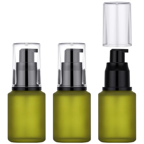 Image of Segbeauty 1oz Frosted Glass Empty Travel Size Bottles for Creams, 3pcs Refillable Lotion Pump Bottle Dispenser, 30ml Liquid Travel Containers, Green Mini Lotion Container Foundation Pump Dispensers