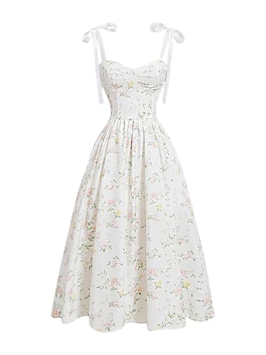 GORGLITTER Women's Floral Print Bow Tie Flowy Dress Backless Summer Easter Prom Midi Sundresses Wedding Guest Dresses