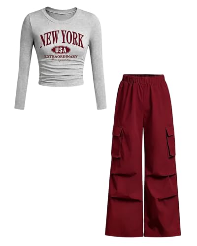 Image of Azmxynol Girls Clothes 2 Piece Outfit Ribbed T-Shirt Top + Cargo Pants, Girls Fall Clothing Set, Sizes 5-16 Years