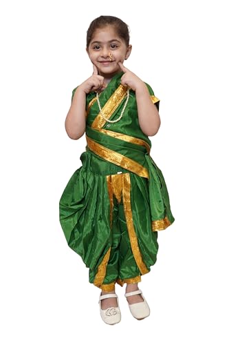 Image of Kaku Fancy Dresses Marathi Girl Lavni Folk Dance Costume with Jewellery for Kids - Green, 10-12 Years