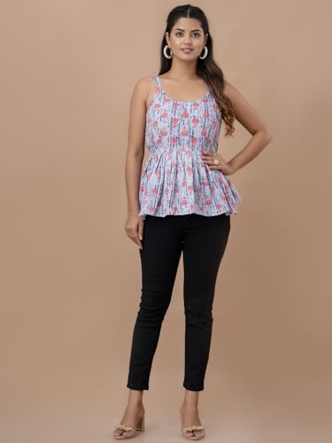 Image of feranoid Women Cotton Printed Sleeveless Strap Peplum Top