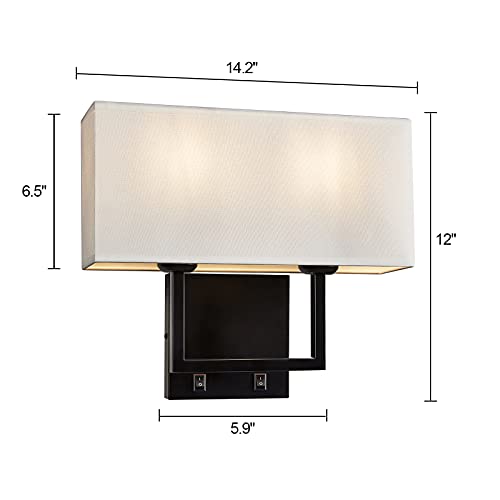 Image of Modern Transitional 2-Lights Hardwired Double Wall Sconce with Switch and Square White Fabric Shade,Nightstand Reading Wall Mount Light for Bedroom