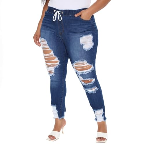 ALLABREVE Womens Plus Size Skinny Jeans Stretchy High Waisted Ankle Jean Ripped Slim Fit Washed Denim Distressed Tight Jean (Drawstring Dark Blue, 5XL)