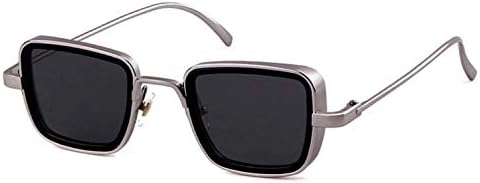 Silver Kartz Men's & Boy's Rectangular Non-Polarized Sunglasses Silver & Black Frame, Black Lens (Medium)