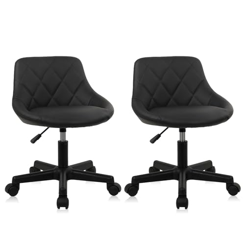Image of KLASIKA Black Low Back Rolling Stool PU Leather Vanity Stools, Set of 2 Makeup Salon Spa Stools, Adjustable Height Ergonomic Swivel Rolling Desk Stool Work Office Swivel Chair