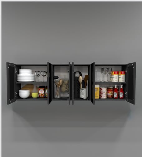 Image of SPECIALITY PANELS Aluminium Black Profile 6 Door Wall Cabinet | Grey Tinted Glass Handless Shutters | Wall Mounted Kitchen Storage Cupboard | Modern Space Saving Organizer (Slate Grey Finish)