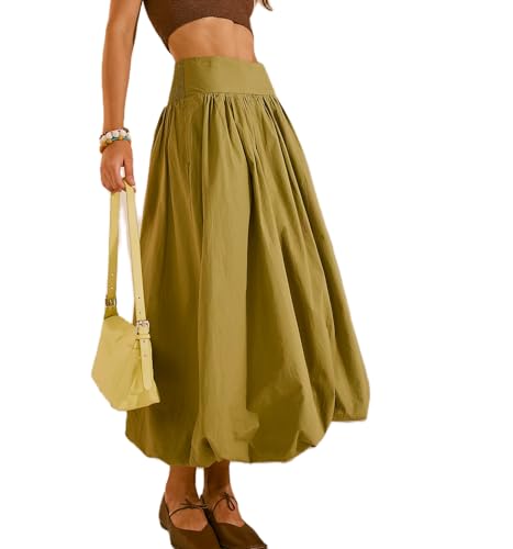 Women Bubble Long Skirt Y2k Flowy Swing A Line Maxi Skirt Cute Ruffle Pleated Midi Skirt Summer Balloon Skirt