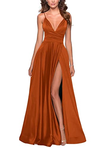 Image of Tvuyet Satin Bridesmaid Dresses with Slit Pleated A Line Spaghetti Straps Formal Prom Evening Gowns