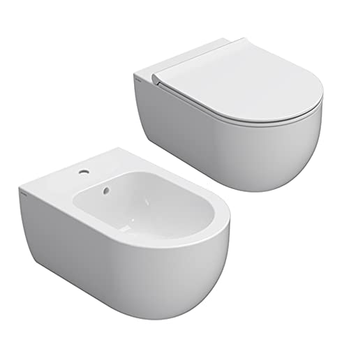 Sanitari sospesi senza brida 53 cm Ceramica Globo Mode Wc, bidet e sedile soft close