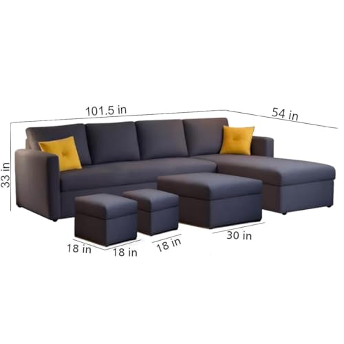 Image of FURNY Arno 8 Seater Fabric RHS Sectional L Shape Sofa Set with 1 Centre Table & 2 Ottomans (Dark Grey Color)