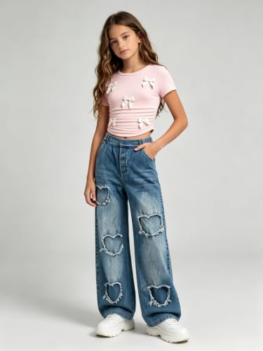 Image of Size 7-14 Years Girls 2 Piece Outfits Bow Short-Sleeved Top and Jeans Pants Clothing Set