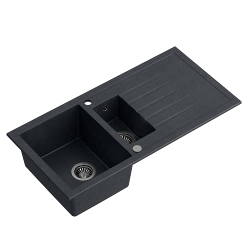 VBChome Spülbecken mit Armatur 100 x 50 cm Einzelbecken Schwarz Granit Rechteckig Reversibel Einbauspüle Gesprenkelt Großes Tiefes Becken Siphon Armatur
