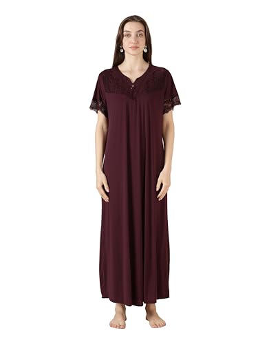 Image of 9shines Label Stylish Soft Modal Maxi Nighty | Honeymoon Nighty | Full Length Trendy Nightgown | V-Neck Lace | Premium Nightdress | Soft Long Nightdress | Maxi Gown Nightwear for Women (Malai Satin)