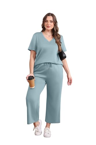 Image of WIHOLL 2 Piece Sets for Women Summer Lounge Set Wide Leg Pants Matching Set Vacation Travel Outfits Beach Clothing