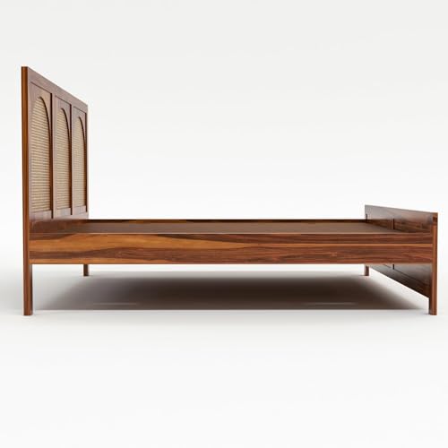Image of Solid Sheesham Wood Queen Size Bed Without Storage for Bedroom Living Room | Wooden Double Bed Cot for Home Hotel | (Honey Finish-3 Round, Queen Size)