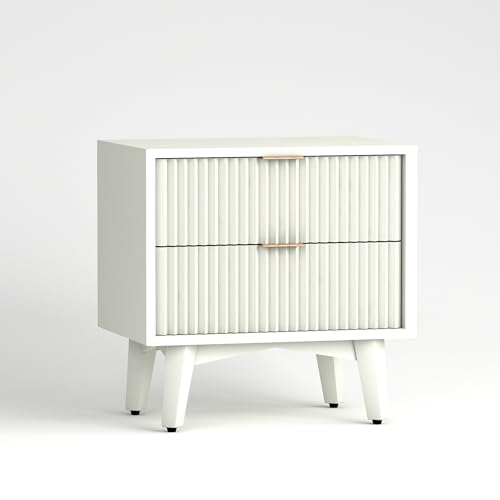 Image of CRAFT D ARTS Wooden Bedside Table for Bedroom | Wooden Bed Side Nightstand Lamp Table with 2 Drawers for Home & Hotels | Side Table for Living Room | HDMR Premium Wood & Iron Legs | White