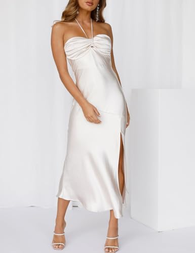 Image of VUBIYA Women's Summer Satin Strapless Slit Halter Midi Dress Wedding Guest