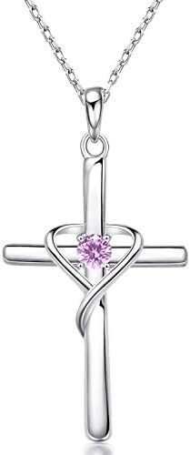 AmorAime 925 Sterling Silver Cross Necklace for Women Men 5A CZ Birthstone Necklaces Gifts for Valentine's Day, Birthday or Anniversary