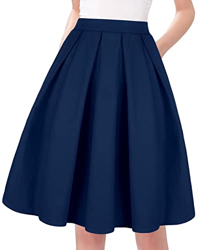 Tandisk Women's High Waist Flared Skirt Pleated Midi Skirt with Pocket Navy Blue XL