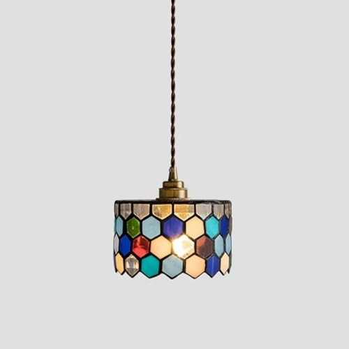LONGDUOU Lustre d'art en mosaïque Tiffany en vitrail, suspension cylindrique en verre à motifs d'eau, luminaire suspendu for îlot de cuisine, lustre rétro...