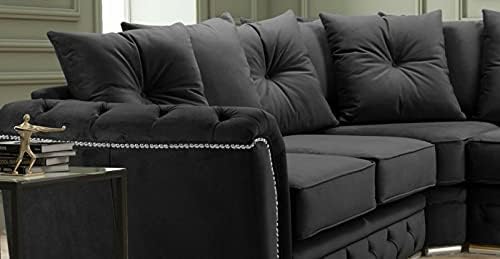 HHI CHESTERFIELD BLACK PLUSH FABRIC CORNER SOFA FOR SALE- Corner Sofas Settees for Sale- black sofas for living room - Cheap sofas UK 101