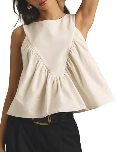 Shiyifa Womens Peplum Babydoll Tops Shirred Swing Tank Tops Pleated Flowy Loose Fit Ruffled Vests