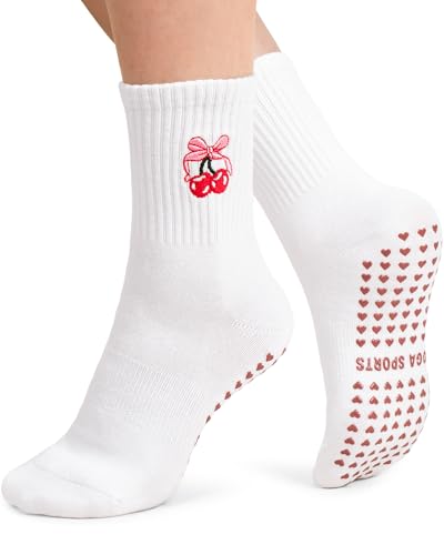 Image of yeuG Pilates Grip Socks for Women Grippy Yoga Socks Cute Barre Non Slip Athletic Crew Sticky Sock Workout Embroidery Pattern