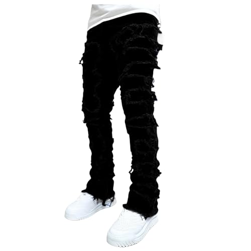Mens Slim Fit Stretch Jeans Distressed Patchwork Stacked Frayed Skinny Denim Pants Straight Leg Trouser