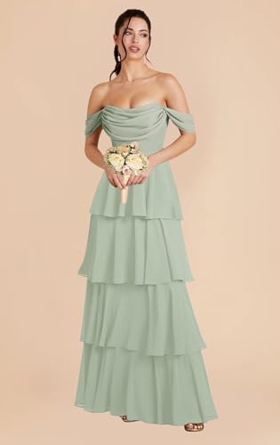 Off Shoulder Chiffon Bridesmaid Dresses Long for Women Tiered Ruffles A Line Formal Evening Dress4