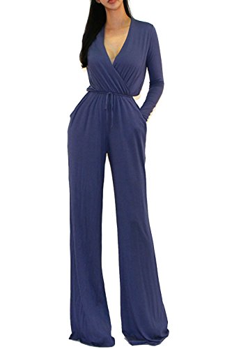 Vivicastle Women's USA Sexy Wrap Top Wide Leg Long Sleeve Cocktail Knit Jumpsuit (Large, Denim)
